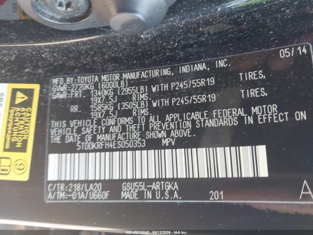 Aukcja sprzedaży 2014 Toyota Highlander Limited Platinum V6, vin: 5TDDKRFH4ES050353, numer aukcji: 45835040