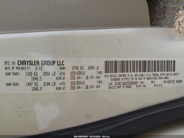 45835045 :رقم المزاد ، 2C4RC1BGXCR288909 vin ، 2012 Chrysler Town & Country Touring مزاد بيع