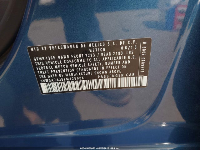 2015 Volkswagen Jetta 2.0l Tdi Se მანქანა იყიდება აუქციონზე, vin: 3VW3A7AJ5FM425064, აუქციონის ნომერი: 45835050