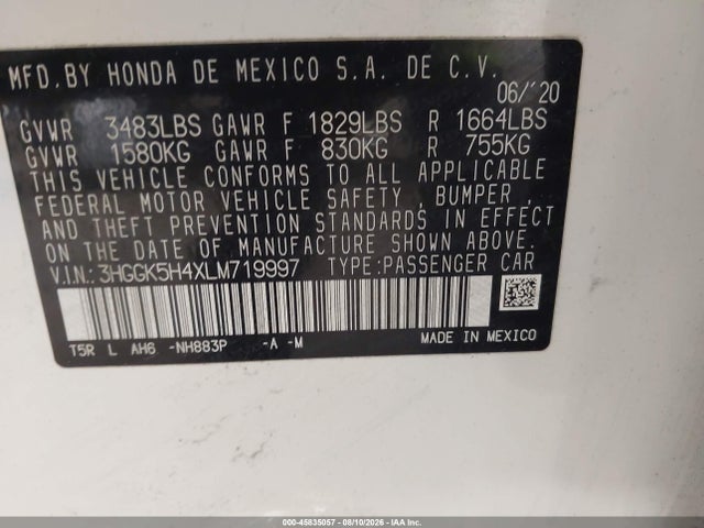 45835057 :رقم المزاد ، 3HGGK5H4XLM719997 vin ، 2020 Honda Fit Lx مزاد بيع