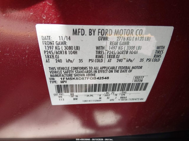 1FM5K8D87FGB42548 Ford EXPLORER XLT