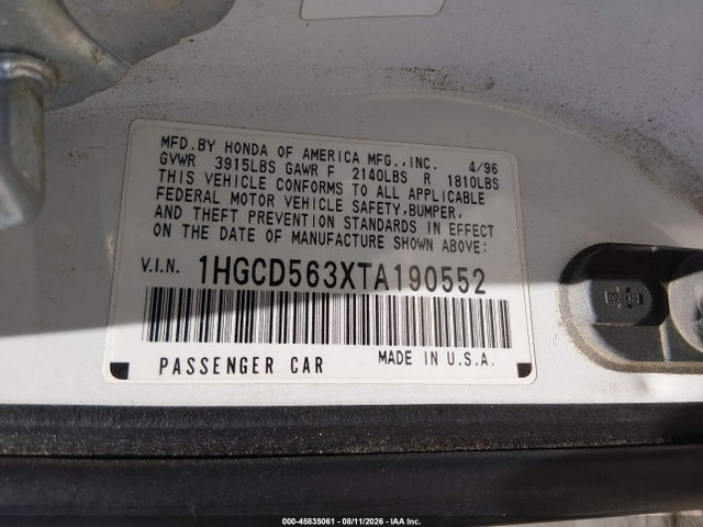 45835061 :رقم المزاد ، 1HGCD563XTA190552 vin ، 1996 Honda Accord Lx/ex مزاد بيع