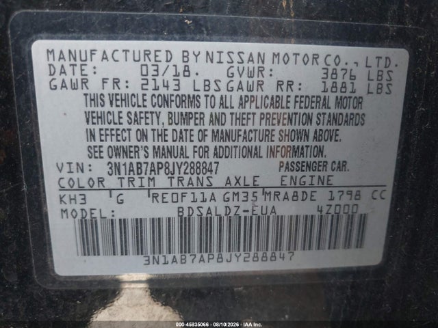 Aukcja sprzedaży 2018 Nissan Sentra Sv, vin: 3N1AB7AP8JY288847, numer aukcji: 45835066