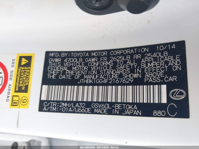 45835086 :رقم المزاد ، JTHBK1GG4F2167629 vin ، 2015 Lexus Es 350 Crafted Line مزاد بيع