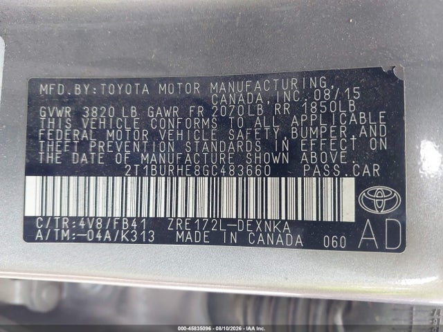 2T1BURHE8GC483660 Toyota COROLLA LE
