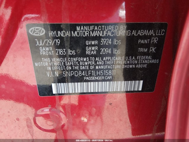 Продажа на аукционе авто 2020 Hyundai Elantra Sel, vin: 5NPD84LF1LH515811, номер лота: 45835113