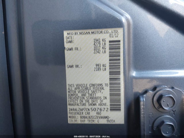 Auction sale of the 2012 Nissan Altima 2.5 S, vin: 1N4AL2AP7CN507672, lot number: 45835115