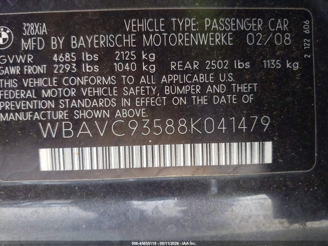 Продаж на аукціоні авто 2008 Bmw 328xi, vin: WBAVC93588K041479, номер лоту: 45835118