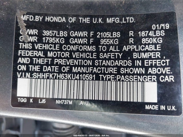SHHFK7H63KU410591 Honda CIVIC EX