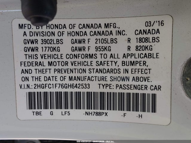 45835127 :رقم المزاد ، 2HGFC1F76GH642533 vin ، 2016 Honda Civic Ex-l مزاد بيع
