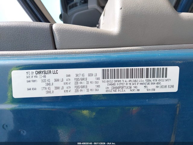 45835145 :رقم المزاد ، 1D8HB48P59F710190 vin ، 2009 Dodge Durango Slt مزاد بيع