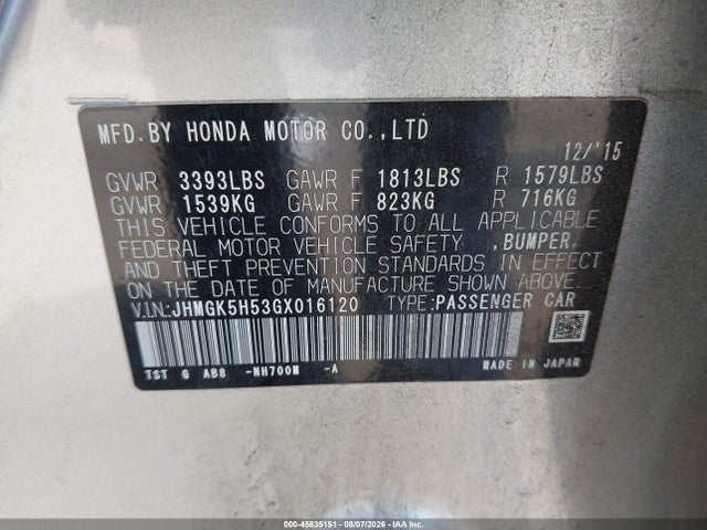 Продаж на аукціоні авто 2016 Honda Fit Lx, vin: JHMGK5H53GX016120, номер лоту: 45835151