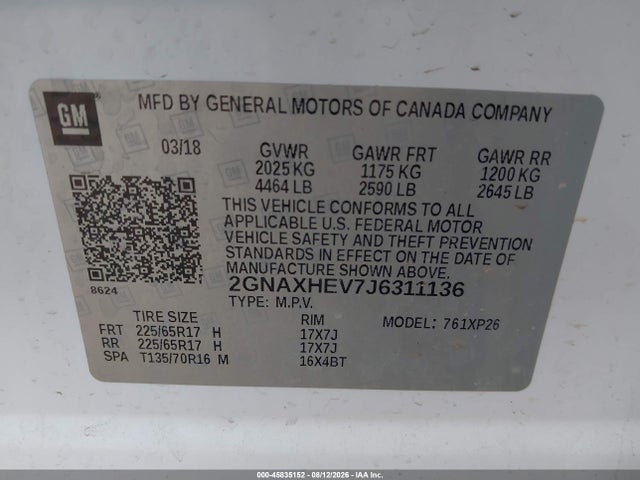 Продажа на аукционе авто 2018 Chevrolet Equinox Ls, vin: 2GNAXHEV7J6311136, номер лота: 45835152