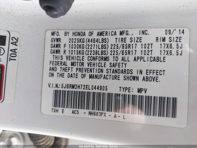 5J6RM3H72EL044905 Honda Cr-v Ex-l