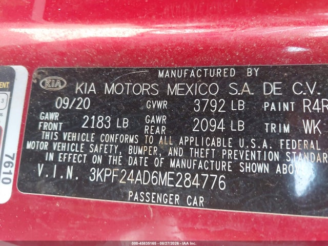 45835165 :رقم المزاد ، 3KPF24AD6ME284776 vin ، 2021 Kia Forte Lxs مزاد بيع