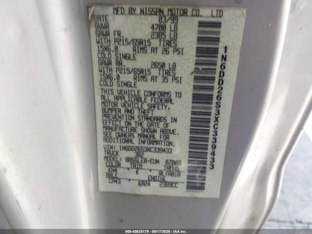 Aukcja sprzedaży 1999 Nissan Frontier Se/xe, vin: 1N6DD26S3XC339433, numer aukcji: 45835179