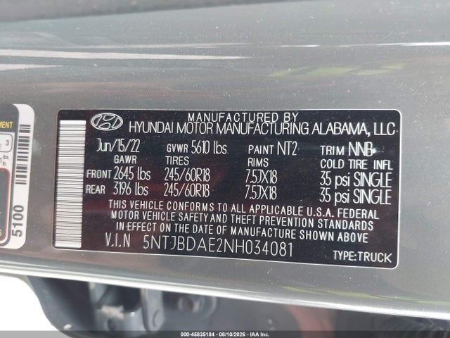 2022 Hyundai Santa Cruz Sel მანქანა იყიდება აუქციონზე, vin: 5NTJBDAE2NH034081, აუქციონის ნომერი: 45835184
