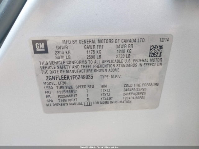 45835186 :رقم المزاد ، 2GNFLEEK1F6249035 vin ، 2015 Chevrolet Equinox Ls مزاد بيع