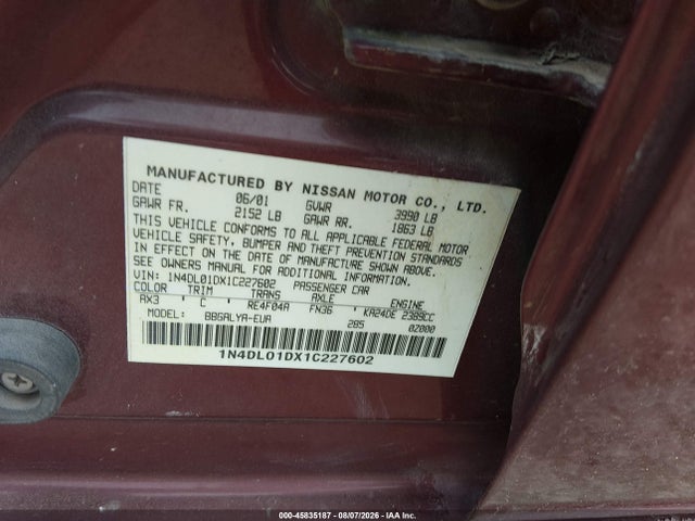 45835187 :رقم المزاد ، 1N4DL01DX1C227602 vin ، 2001 Nissan Altima Se مزاد بيع