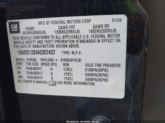 45835192 :رقم المزاد ، 1GKDS13S942307437 vin ، 2004 Gmc Envoy Slt مزاد بيع