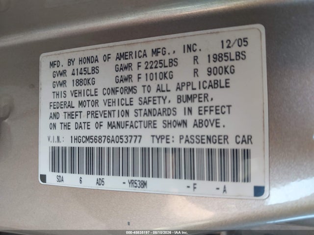 45835197 :رقم المزاد ، 1HGCM56876A053777 vin ، 2006 Honda Accord 2.4 Ex مزاد بيع