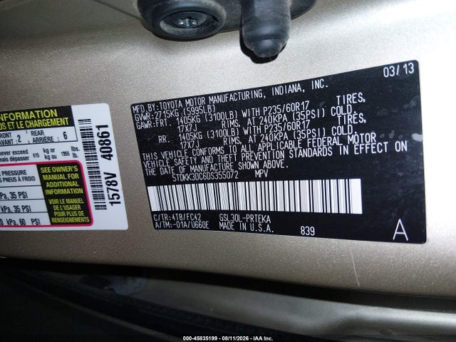 45835199 :رقم المزاد ، 5TDKK3DC6DS355072 vin ، 2013 Toyota Sienna Le V6 8 Passenger مزاد بيع