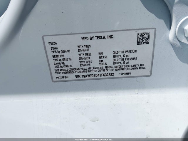 45835211 :رقم المزاد ، 7SAYGDED4TF632882 vin ، 2026 Tesla Model Y Premium Rear-wheel Drive/rear-wheel Drive مزاد بيع
