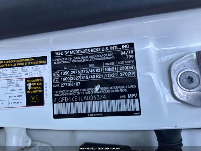 45835222 :رقم المزاد ، 4JGFB4KE1LA036374 vin ، 2020 Mercedes-benz Gle 350 4matic مزاد بيع
