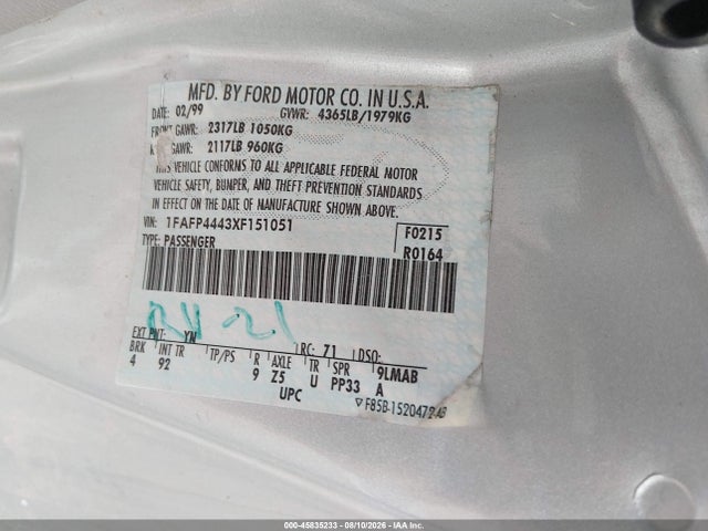 Продаж на аукціоні авто 1999 Ford Mustang, vin: 1FAFP4443XF151051, номер лоту: 45835233