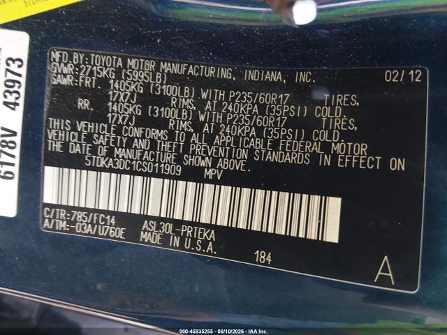 45835255 :رقم المزاد ، 5TDKA3DC1CS011909 vin ، 2012 Toyota Sienna Le 8 Passenger مزاد بيع