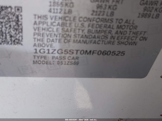 45835291 :رقم المزاد ، 1G1ZG5ST0MF060525 vin ، 2021 Chevrolet Malibu Fwd Rs مزاد بيع