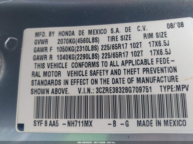 Aukcja sprzedaży 2008 Honda Cr-v Lx, vin: 3CZRE38328G709751, numer aukcji: 45835293