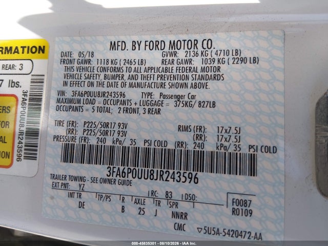3FA6P0UU8JR243596 Ford Fusion Hybrid S