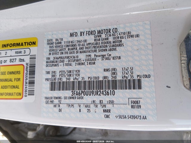 3FA6P0UU9JR243610 Ford Fusion Hybrid S
