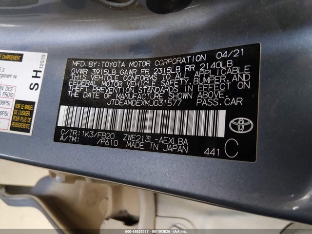 2021 Toyota Corolla Hybrid Le მანქანა იყიდება აუქციონზე, vin: JTDEAMDEXMJ031577, აუქციონის ნომერი: 45835317