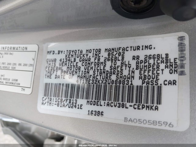 2002 Toyota Camry Le მანქანა იყიდება აუქციონზე, vin: 4T1BE32KX2U080831, აუქციონის ნომერი: 45835324