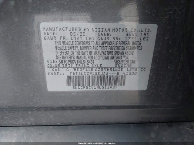 Продажа на аукционе авто 2022 Nissan Kicks Sv Xtronic Cvt, vin: 3N1CP5CV1NL515437, номер лота: 45835358