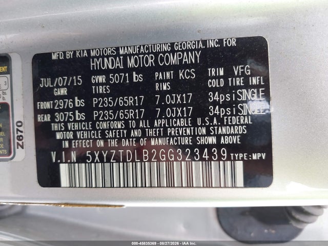 2016 Hyundai Santa Fe Sport 2.4l მანქანა იყიდება აუქციონზე, vin: 5XYZTDLB2GG323439, აუქციონის ნომერი: 45835369