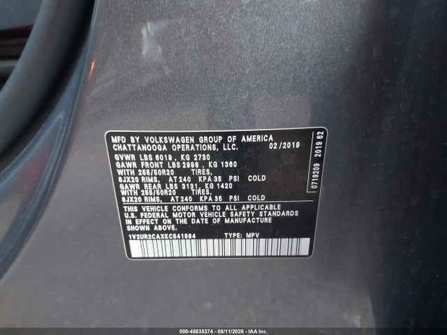 Продаж на аукціоні авто 2019 Volkswagen Atlas 3.6l V6 Se W/technology, vin: 1V2UR2CAXKC541564, номер лоту: 45835374