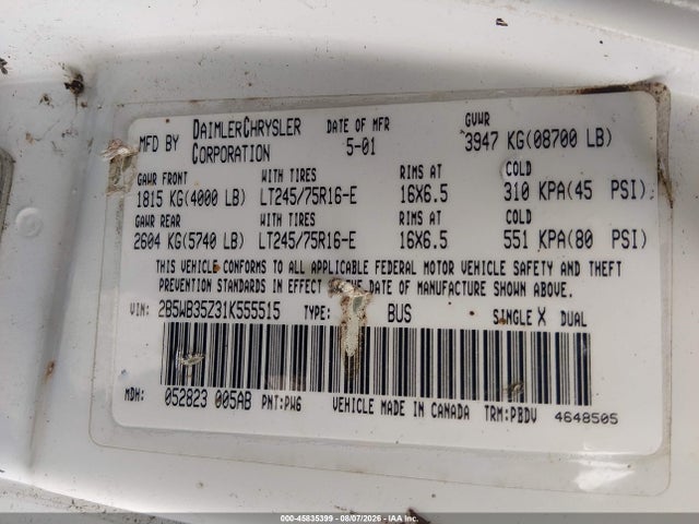 45835399 :رقم المزاد ، 2B5WB35Z31K555515 vin ، 2001 Dodge Ram Wagon 3500 مزاد بيع
