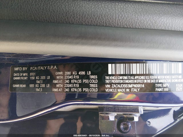 Aukcja sprzedaży 2021 Jeep Renegade 80th Anniversary 4x4, vin: ZACNJDBB3MPN09814, numer aukcji: 45835401