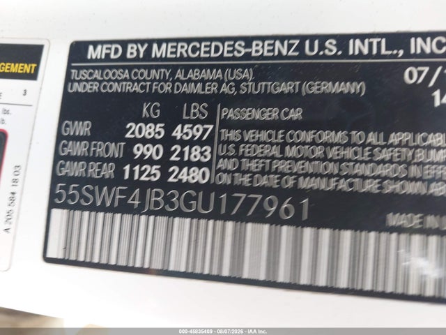 Aukcja sprzedaży 2016 Mercedes-benz C 300, vin: 55SWF4JB3GU177961, numer aukcji: 45835409