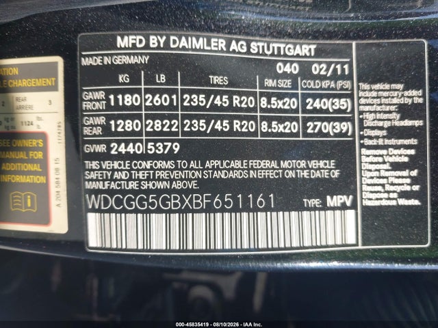 45835419 :رقم المزاد ، WDCGG5GBXBF651161 vin ، 2011 Mercedes-benz Glk 350 مزاد بيع
