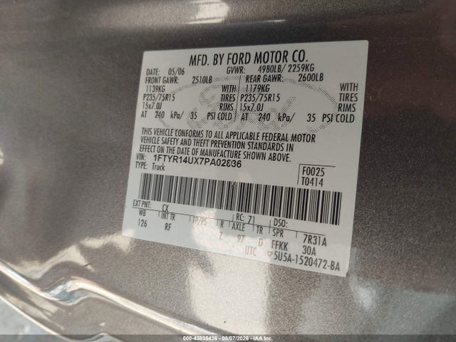 Продаж на аукціоні авто 2007 Ford Ranger Sport/stx/xl/xlt, vin: 1FTYR14UX7PA02836, номер лоту: 45835436