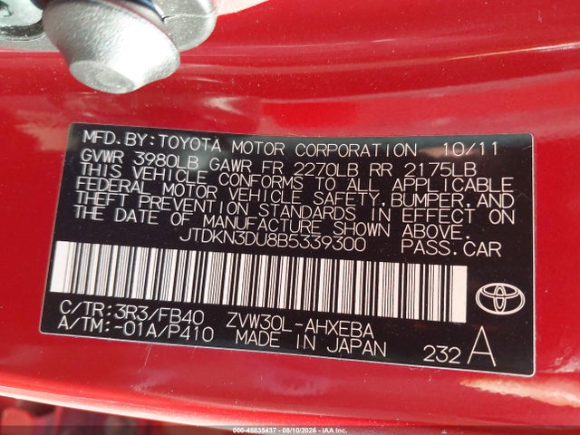 45835437 :رقم المزاد ، JTDKN3DU8B5339300 vin ، 2011 Toyota Prius Three مزاد بيع