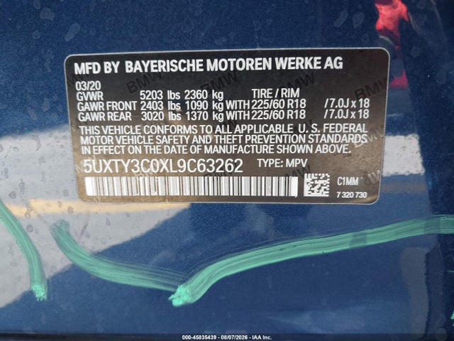 Aukcja sprzedaży 2020 Bmw X3 Sdrive30i, vin: 5UXTY3C0XL9C63262, numer aukcji: 45835439