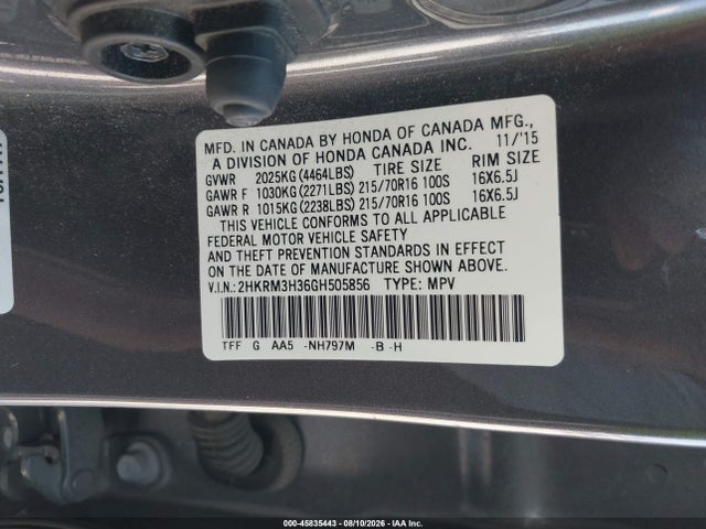 Продажа на аукционе авто 2016 Honda Cr-v Lx, vin: 2HKRM3H36GH505856, номер лота: 45835443