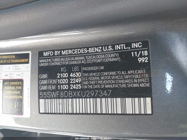 2019 Mercedes-benz C 300 მანქანა იყიდება აუქციონზე, vin: 55SWF8DBXKU297347, აუქციონის ნომერი: 45835448