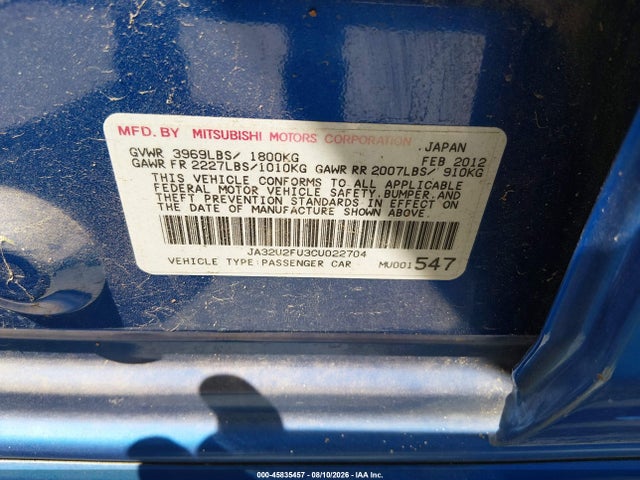 45835457 :رقم المزاد ، JA32U2FU3CU022704 vin ، 2012 Mitsubishi Lancer Es مزاد بيع