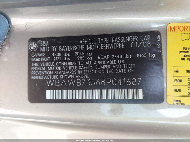 45835476 :رقم المزاد ، WBAWB73568P041687 vin ، 2008 Bmw 335i مزاد بيع